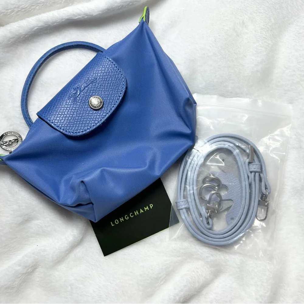 Longchamp Le Pliage Green Mini City Pouch with handle in Cornflower - w/ Strap - Picture 7 of 10